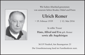 Traueranzeige von Ulrich Remer 