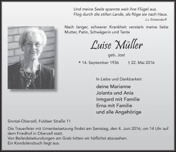 Traueranzeige von Luise Müller 