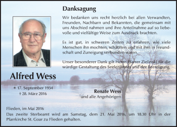 Traueranzeige von Alfred Wess 