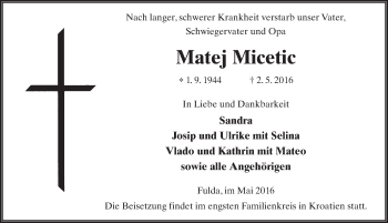 Traueranzeige von Matej Micetic 