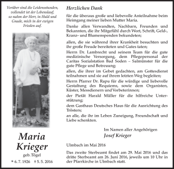 Traueranzeige von Maria Krieger 
