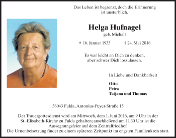 Traueranzeige von Helga Hufnagel 