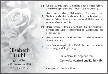 Traueranzeige von Elisabeth Hübl 