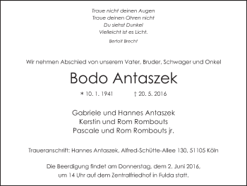 Traueranzeige von Bodo Antaszek 