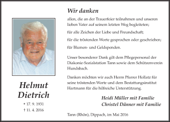 Traueranzeige von Helmut Dietrich 