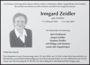 Traueranzeige von Irmgard Zeidler 