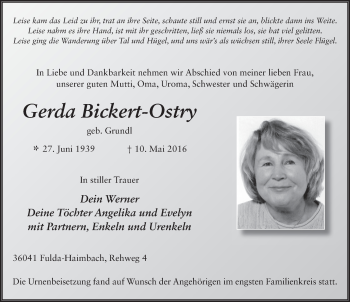Traueranzeige von Gerda Bickert-Ostry 
