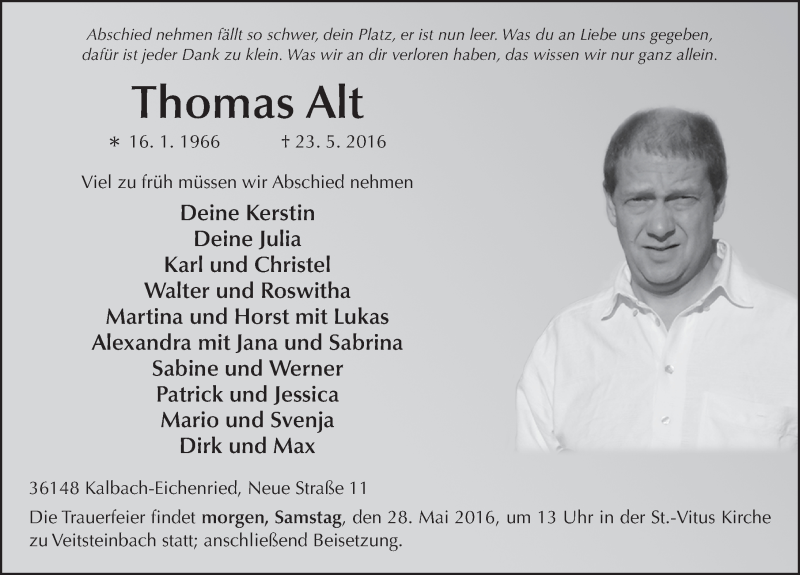  Traueranzeige für Thomas Alt vom 27.05.2016 aus 