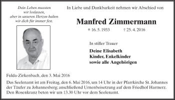 Traueranzeige von Manfred Zimmermann 