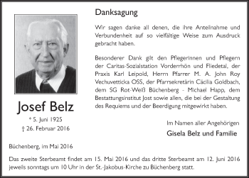 Traueranzeige von Josef Belz 