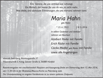 Traueranzeige von Maria Hahn 