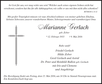 Traueranzeige von Marianne Gerlach 