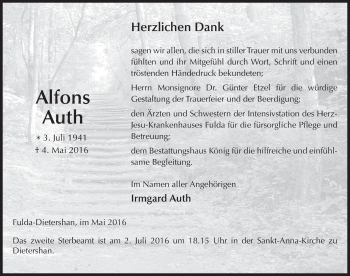 Traueranzeige von Alfons Auth 