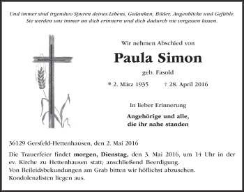 Traueranzeige von Paula Simon 