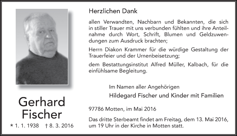  Traueranzeige für Gerhard Fischer vom 11.05.2016 aus 