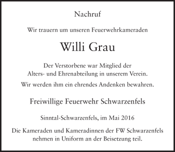 Traueranzeige von Willi Grau 