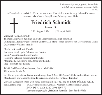 Traueranzeige von Friedrich Schmidt 