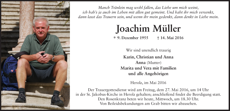  Traueranzeige für Joachim Müller vom 25.05.2016 aus 