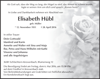 Traueranzeige von Elisabeth Hübl 