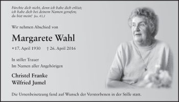 Traueranzeige von Margarete Wahl 