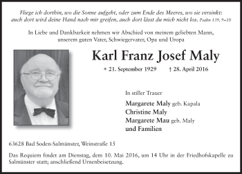 Traueranzeige von Karl Franz Josef Maly 