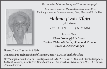 Traueranzeige von Helene Klein 