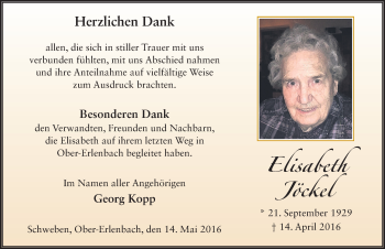 Traueranzeige von Elisabeth Jöckel 