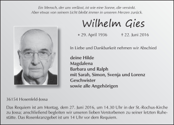 Traueranzeige von Wilhelm Gies 