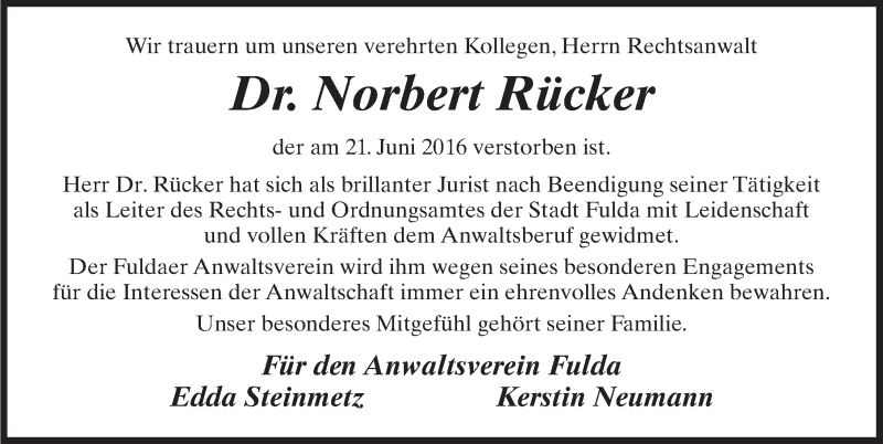  Traueranzeige für Norbert Rücker vom 24.06.2016 aus 