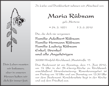 Traueranzeige von Maria Rübsam 