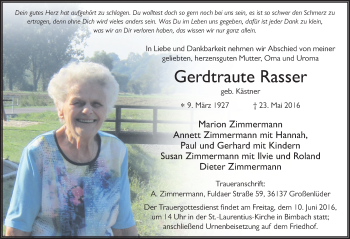 Traueranzeige von Gerdtraute Rasser 