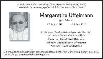 Traueranzeige von Margarethe Uffelmann 