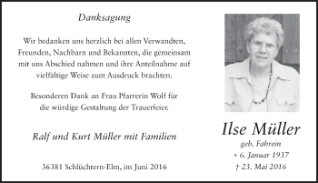 Traueranzeige von Ilse Müller 