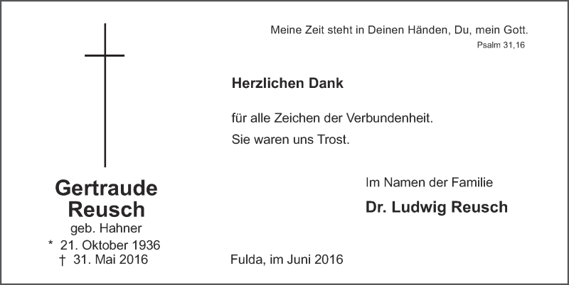  Traueranzeige für Gertraude Reusch vom 29.06.2016 aus 