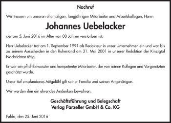Traueranzeige von Johannes Uebelacker 