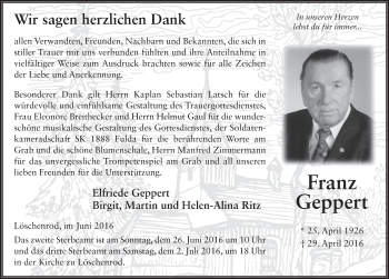 Traueranzeige von Franz Geppert 