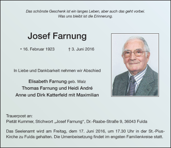 Traueranzeige von Josef Farnung 