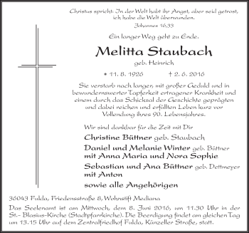 Traueranzeige von Melitta Staubach 