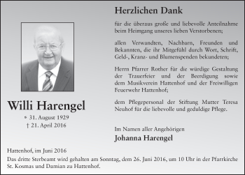 Traueranzeige von Willi Harengel 