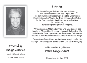 Traueranzeige von Hedwig Engelhardt 