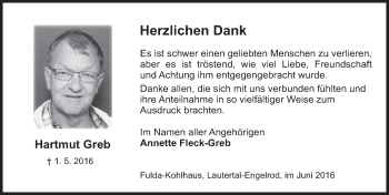 Traueranzeige von Hartmut Greb 