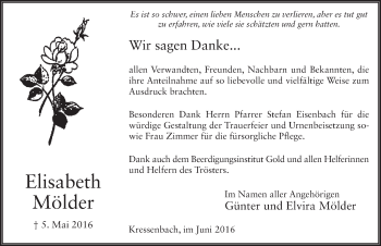 Traueranzeige von Elisabeth Mölder 