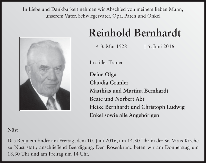  Traueranzeige für Reinhold Bernhardt vom 08.06.2016 aus 