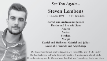 Traueranzeige von Steven Lembens 