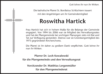 Traueranzeige von Roswitha Hartick 