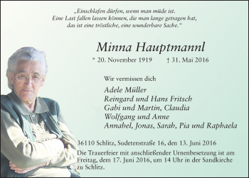 Traueranzeige von Minna Hauptmannl 