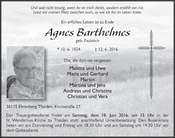 Traueranzeige von Agnes Barthelmes 