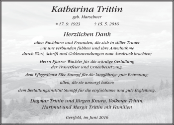 Traueranzeige von Katharina Trittin 