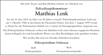 Traueranzeige von Matthias Lenk 