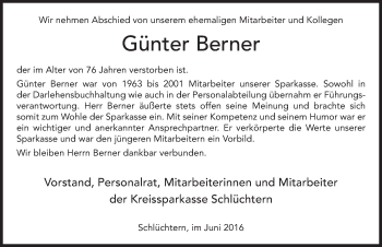 Traueranzeige von Günter Berner 